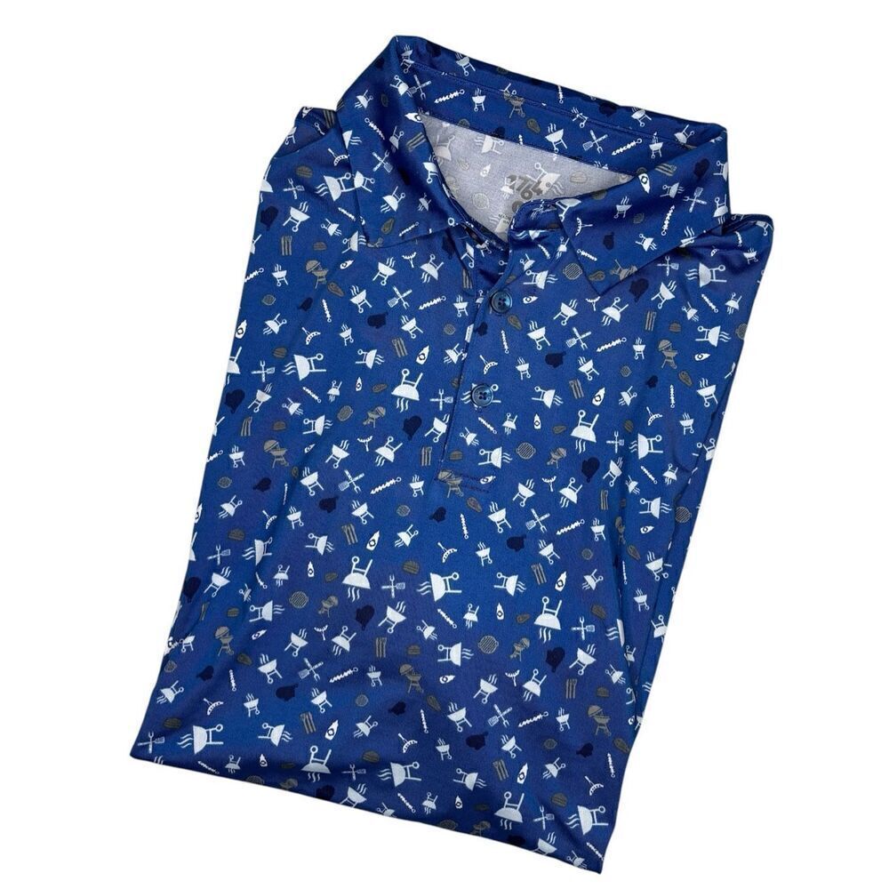 1764 Shirt Mens L Blue Polo Golf Performance Geometric Stretch Barbecue Cookout